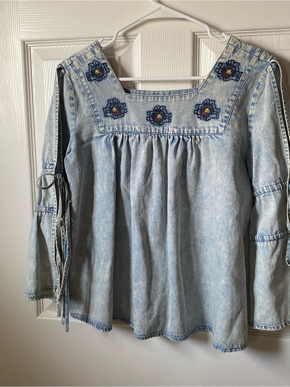 POL Light Denim Women S Top Square Neck Embroidered Bell Sleeves Tie Boho Retro